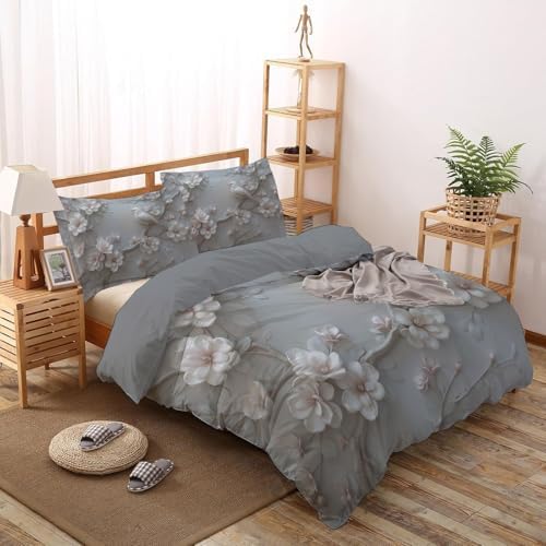 Duvet Cover Set King, 3D Minimalist Bird Flower Brushed Microfiber