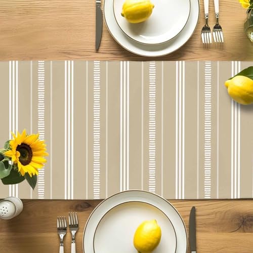 Boho Beige Table Runners 108 Inches Long, Cotton Linen Fabric Table
