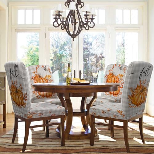 Fall Chair Covers Set of 6 Neutral Gingham Pumpkin Parsons Chair
