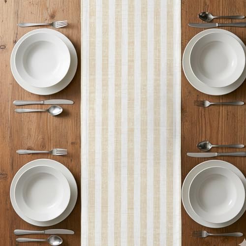 Table Runner 108 Inches Long, Beige Striped Table Runners for Dining