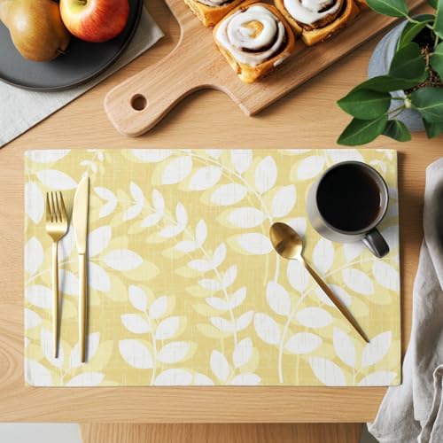 Placemats Set of 8, Pale Yellow Leaves Woven Placemat, Linen Place