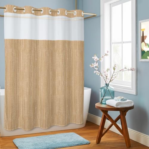 T&H XHome Beige Linen Texture No Hook Shower Curtain, Rustic Solid