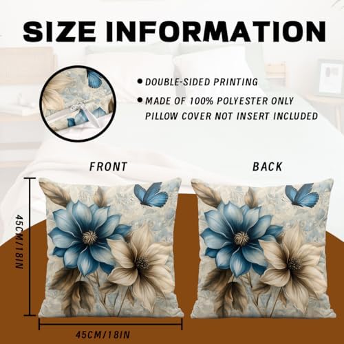 Flowers Throw Pillow Covers 18x18 Set of 4 Floral Butterfly Blue Gold