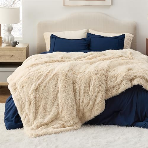 Bedsure Faux Fur Fluffy Sherpa Fleece King Bed Blanket Beige 108"x90"