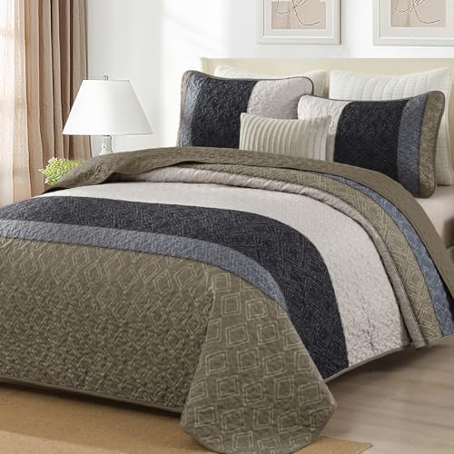 Cottolester Boho Quilt Set King,Black Taupe Striped Plaid Coverlet Set
