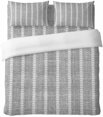 4 Piece Duvet Cover Set for Full Size Bed,Grey Boho Stripe Light Linen