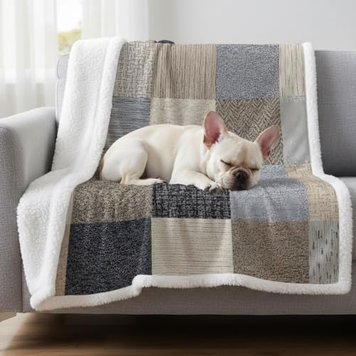 Khaki Grey Woven Sherpa Fleece Throw Blanket Modern Minimalist