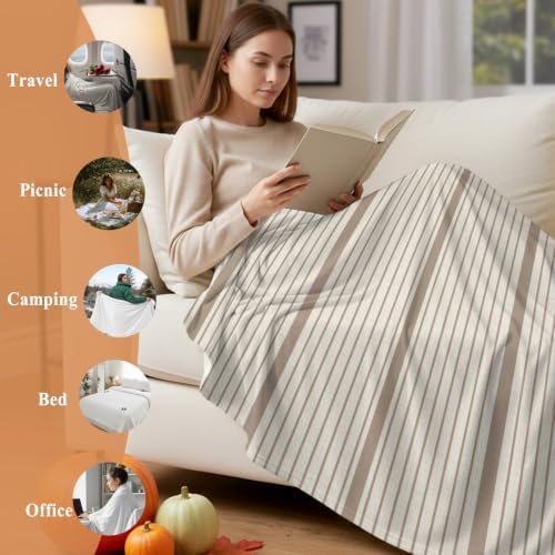 Beige Stripes Blanket Plush Cozy Fuzzy Throw Blanket for Couch/Travel