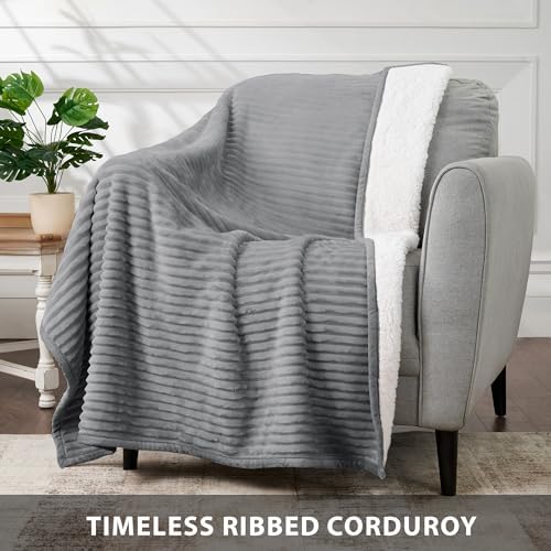 Corduroy Velvet Plush Ribbed Throw Blanket with Ultra-Soft Sherpa