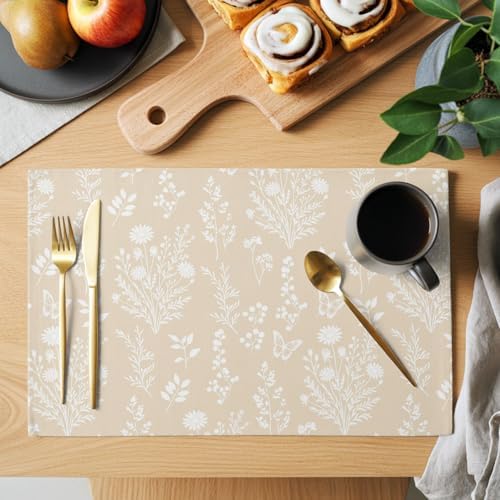 Placemats Set of 8, Cream Botanical Woven Placemat, Linen Place Mats