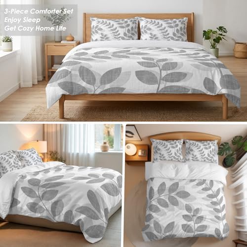 3 Pieces Bedding Set King Size, Gray Leaves Soft Duvet Covers Set with