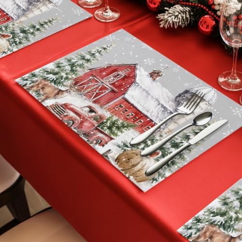 Gray Christmas Placemats Set of 8, Cotton Linen Fabric Place Mats