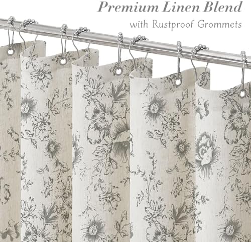 Grey Floral Linen Shower Curtain, Cottagecore French Country, 72x72