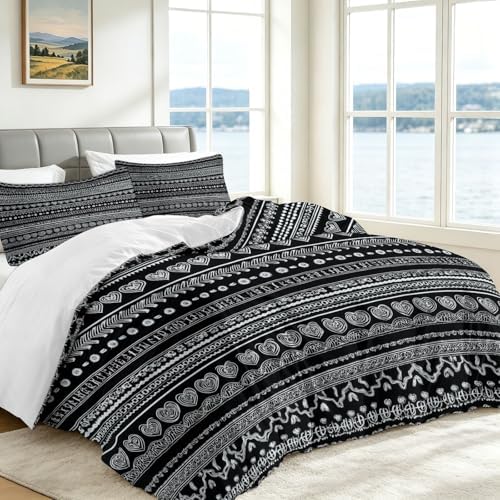 Full Duvet Cover Set Bohemian Geometric Stripes Soft Microfiber