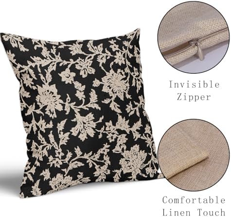 Black Floral Pillow Covers 20x20 Set of 2 Brown Cream Vintage Flower