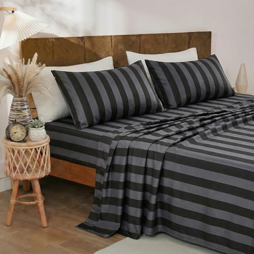 Merryword 100% Cotton Sheet Set King Size - Black and Gray Stripes
