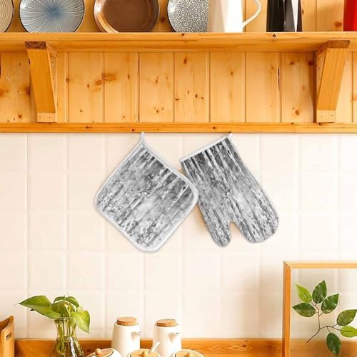 Quilted Cotton Terry Cloth Oven Mitt, Pot Holder Branch Grey Leaves
