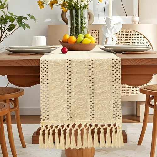 OTOSTAR Boho Table Runner Beige Macrame Table Runners with Tassels