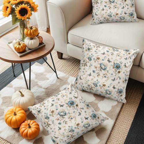 Vintage Tulip 18x18 Pillow Covers Set of 2, Teal Flowers Butterfly