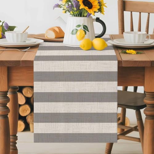 Gray Stripes Linen Table Runner 72 Inches Long, Minimalist Rustic