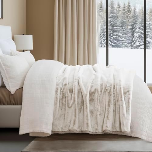 EVERGRACEHOME Mink Faux Fur Throw Blanket, Tipped Champagne Ivory