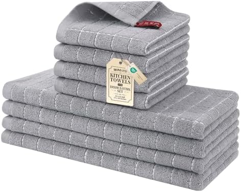 Homaxy Cotton Terry Kitchen Towels and Dishcloths Set of 8, Light Grey