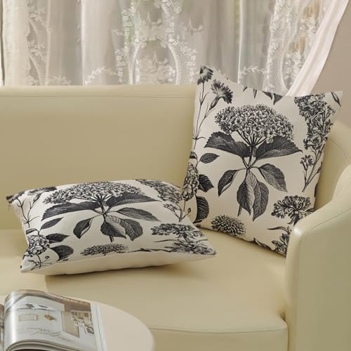 Floral Pillow Covers 20x20 Set of 2 Vintage Black Hydrangea Herbs