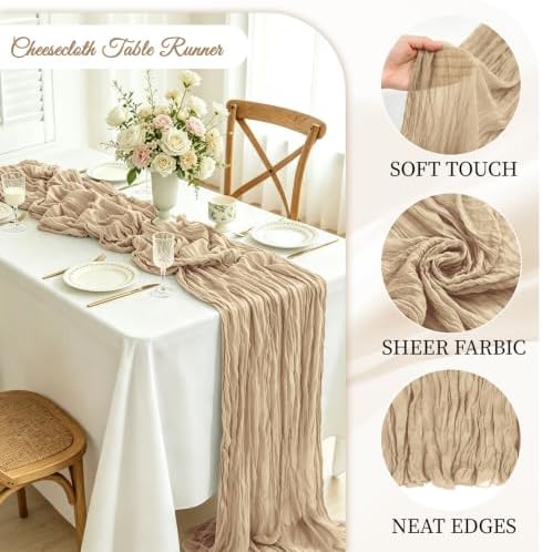 12 Pack Beige Cheesecloth Table Runner 17x108 Inch Semi Sheer Boho