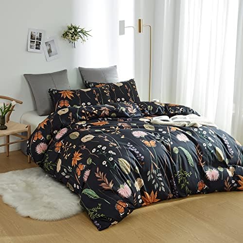 Floral Duvet Cover Set California King, 3 Pcs Soft Microfiber Black