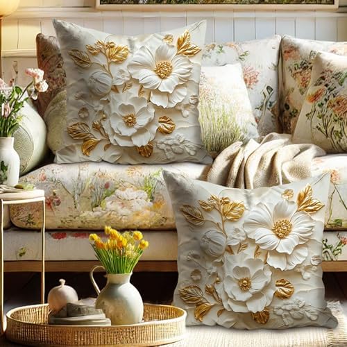 Elegant Floral Pillow Covers Set of 2, White and Gold Flower