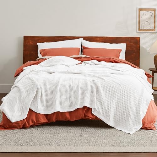 Bedsure Bundle of 1 Muslin Blanket King & 1 Cotton Waffle Blanket King