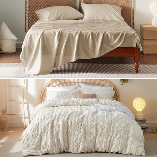Bedsure King Size Beige Cooling Sheet Set and Boho Duvet Cover Set