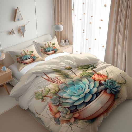 California King Duvet Cover Set Plants Succulents Cactus Bedding with