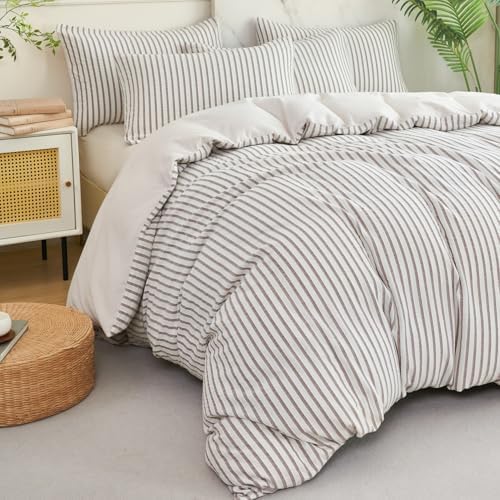King Duvet Cover Striped Grey, 100% Washed Microfiber Jacquard