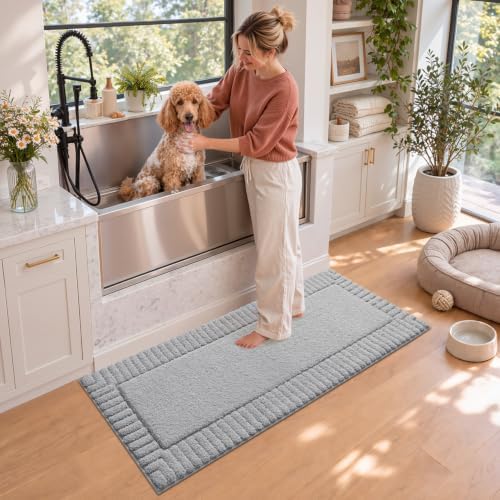 LUMI Soft Bathroom Rugs Absorbent, Non Slip Bath Mat 24x60, Light Grey