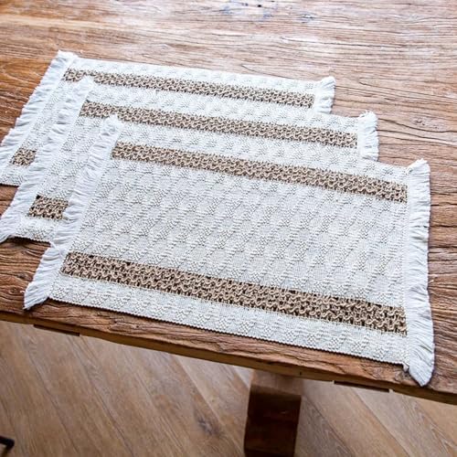 Niviy Boho Placemats Set of 4, 12x18 Inch Natural Cotton Burlap and