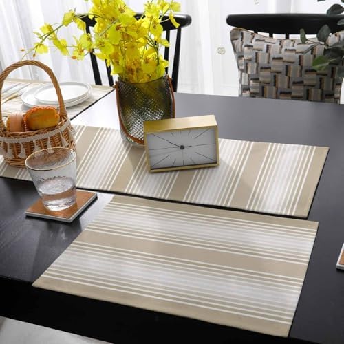 Beige Striped Table Runner and Placemats for Dining Table, Burlap