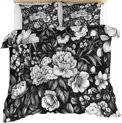 Florals Comforters Queen Size, Gray Flower Bedding Sets, Boho Floral