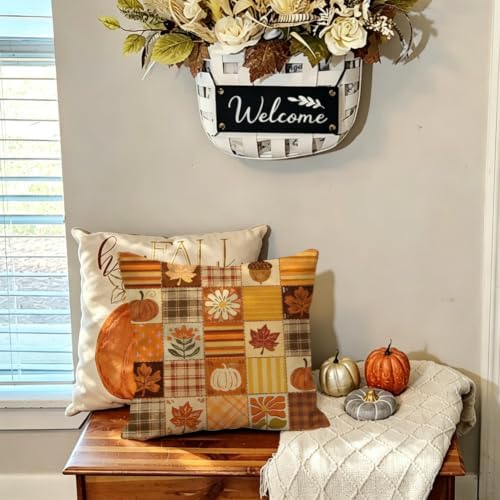 Fall Outdoor Pillow Covers 18x18,Plaid Pumpkin Maple Leaf Decoration