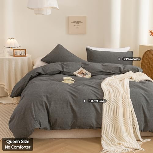 ECOCOTT Cotton 3 Pcs Duvet Cover Set Linen Feel Dark Grey Queen Size