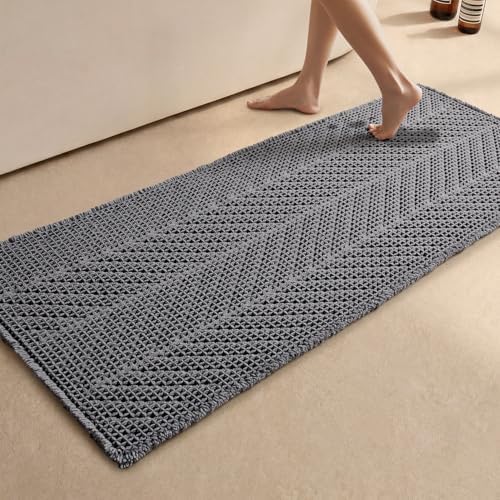 Sunfly Waffle Runner Rug 24x60, Long Boho Bathroom Mat Non Slip, Grey