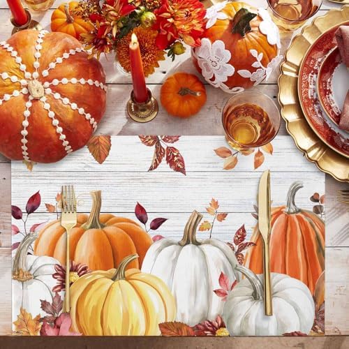 Placemats Set of 8, Thanksgiving Pumpkin Autumn Maple Leaf Washable