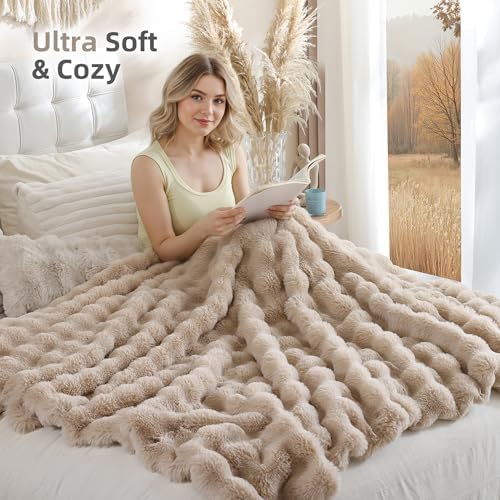 Smoofy Faux Rabbit Fur Throw for Couch - Linen Bubble Blanket 60"x80"