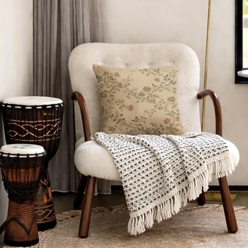 Neutral Vintage Floral Pillow Cover 18x18, Farmhouse Chinoiserie