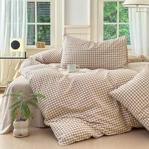 LifeTB Tan Gingham Duvet Cover Full 100% Washed Cotton Beige Taupe