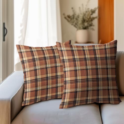 Christmas Plaid Pillow Covers 22x22 Set of 2 Burnt Orange Highly
