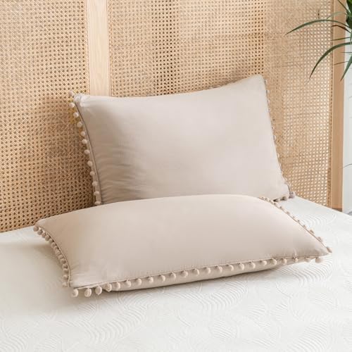 Taupe Pom Poms Pillowcases King, Khaki Tan Pillowcases Set of 2, 100%