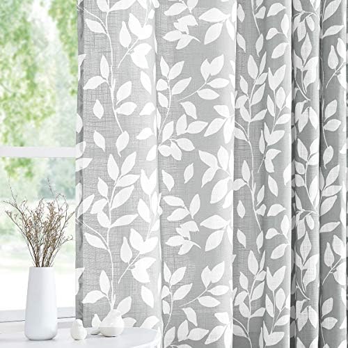 Grey Semi Sheer Leaf Curtains 52x63" Semi Sheer Panels Privacy Drapes