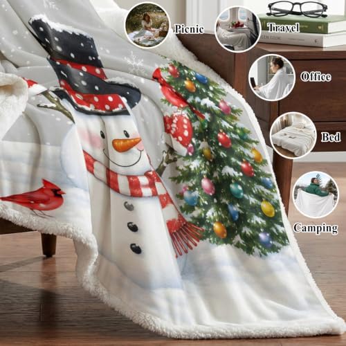 Winter Snowman Sherpa Fleece Blanket Neutral Christmas Tree Red
