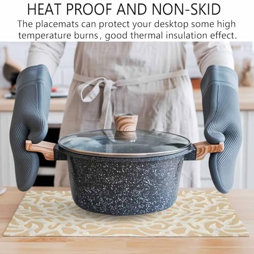 Placemats Set of 6, Beige Geometric Cotton Linen Place Mats, Modern
